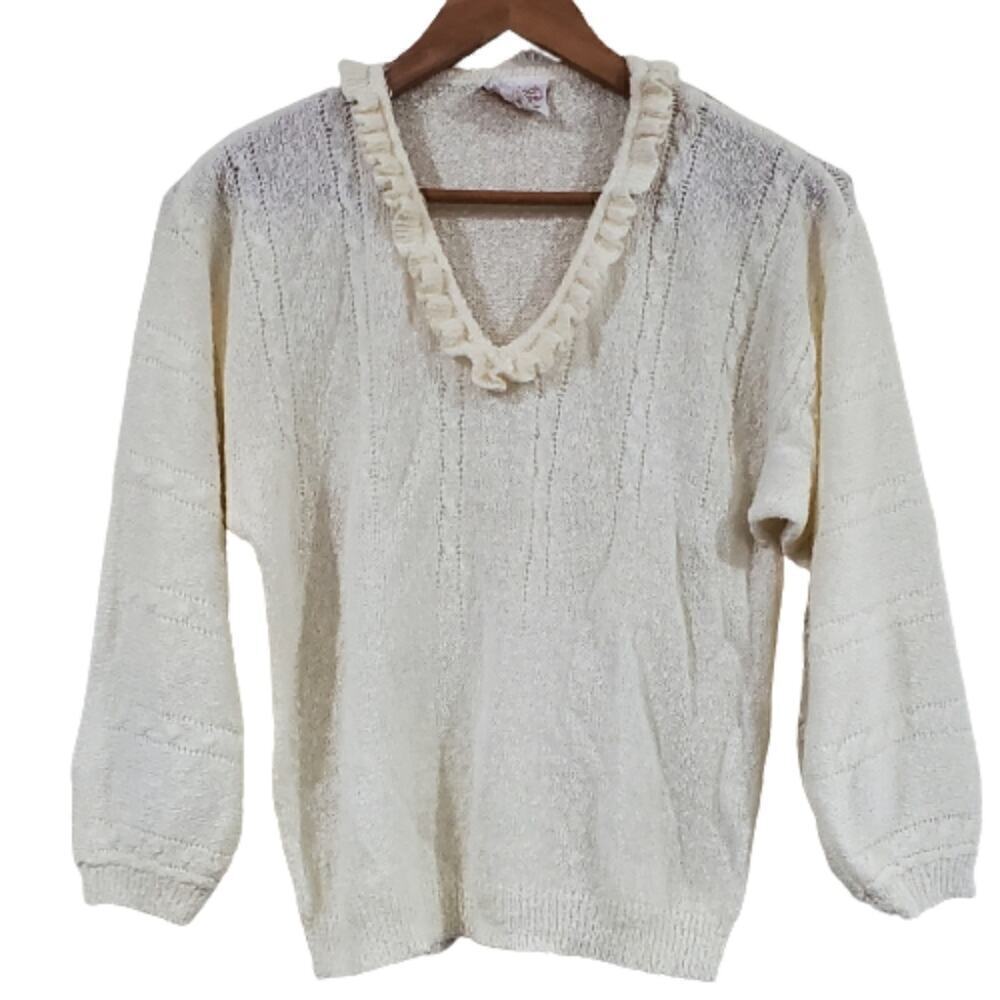 Vintage Sweater Womens Medium 70s Cream Ruffles Cottage Coquette Preppy Neutral